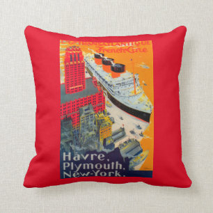 French Line Travel Poster, Havre to Plymouth, NY Cushion
