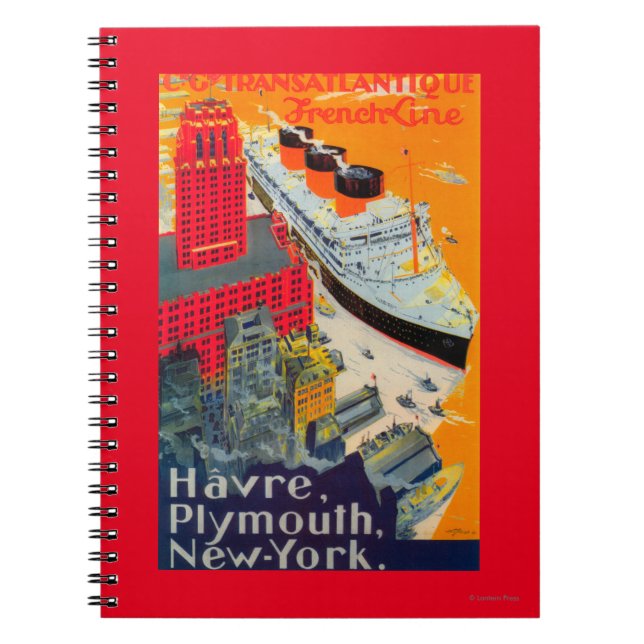 French Line Travel Poster, Havre to Plymouth, NY Notebook (Front)