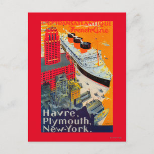 French Line Travel Poster, Havre to Plymouth, NY Postcard