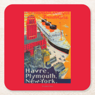 French Line Travel Poster, Havre to Plymouth, NY Square Paper Coaster