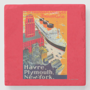 French Line Travel Poster, Havre to Plymouth, NY Stone Coaster