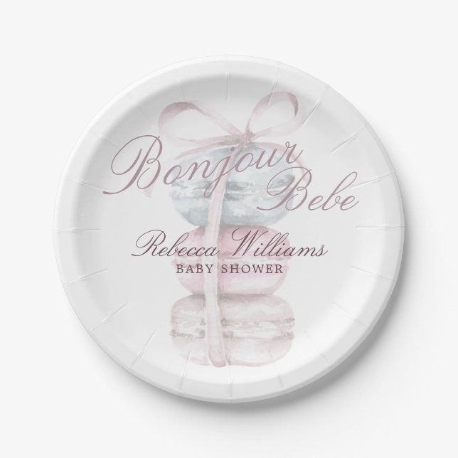 French Macaron Bonjour Bebe Baby shower Paper Plate (Front)