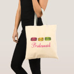 French Macaron Cookies Bridesmaid Wedding Pastry Tote Bag<br><div class="desc">Canvas tote bag features an original marker illustration of a row of French macaron cookies,  with BRIDESMAID in a fun font. A unique bridal party gift!

Don't see what you're looking for? Need help with customisation? Contact Rebecca to have something designed just for you.</div>