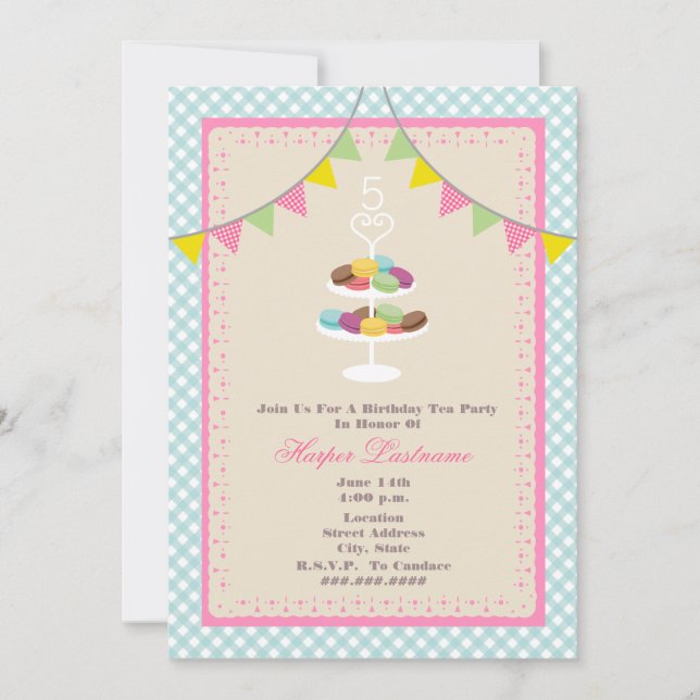 French Macarons Birthday Invitation - Blue Gingham (Front)
