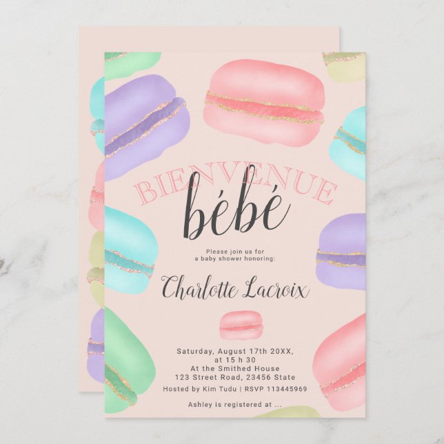 French macarons glitter pink baby shower invitation (Front/Back)