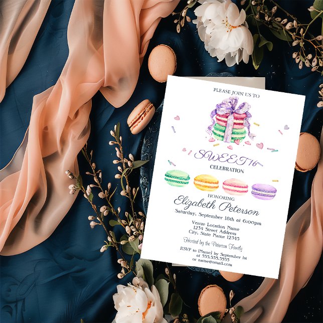 French Macarons Watercolor Striped Sweet 16 Invitation (Creator Uploaded)