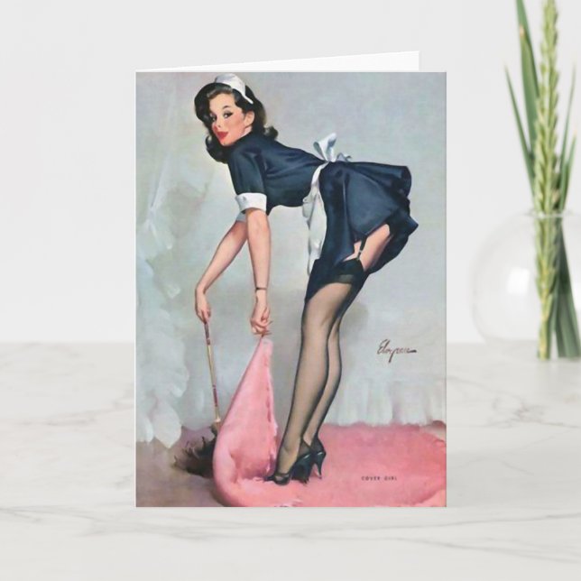 French Maid Sweeping Pin Up Card (Front)