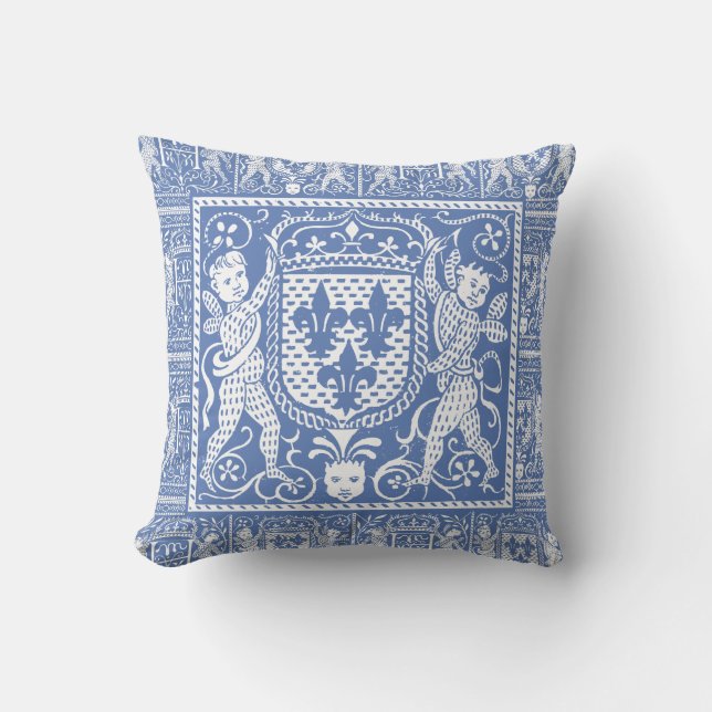 French Mediaeval Chateau Blue Fleur de Lys Cushion (Front)