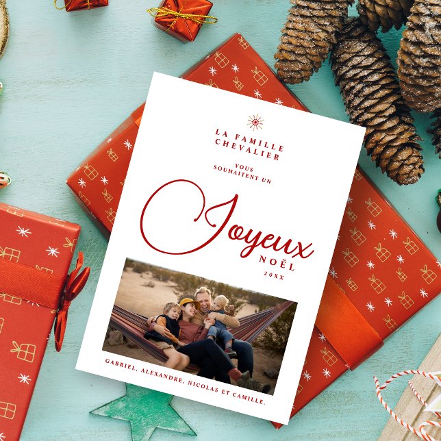 French Modern Joyeux Noël Snowflake Photo Holiday  (French Modern Joyeux Noël Snowflake Photo in Red and faux Gold Holiday Card with Envelope. )
