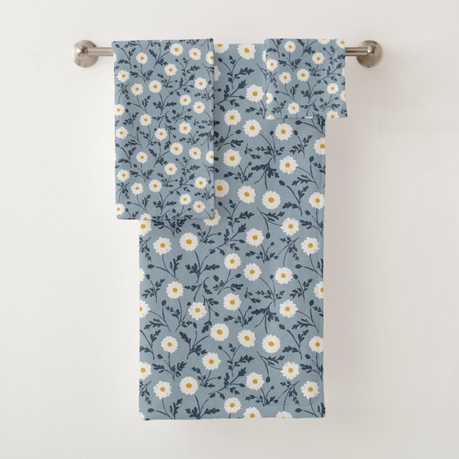 French Navy Blue Modern Farmhouse Daisy Pattern Bath Towel Set (Insitu)