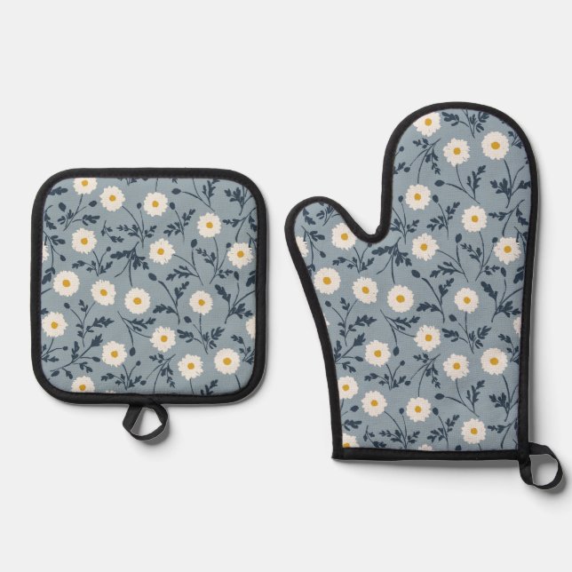 French Navy Blue Modern Farmhouse Daisy Pattern Oven Mitt & Pot Holder Set (Front)
