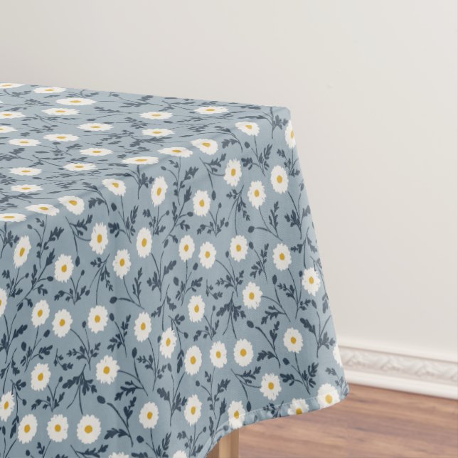 French Navy Blue Modern Farmhouse Daisy Pattern Tablecloth (In Situ)