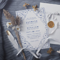 French Navy Renaissance Floral QR Code Wedding