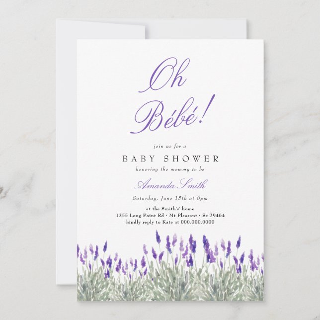 French Oh Bebe Lavender Gender Neutral Baby Shower Invitation (Front)