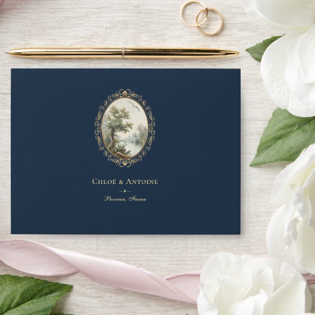 French Pastoral Navy Blue & Gold Wedding Envelope (Wedding)