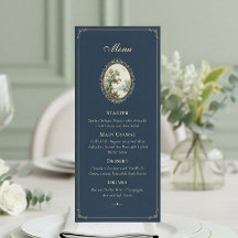 French Pastoral Navy Blue & Gold Wedding Menu Card