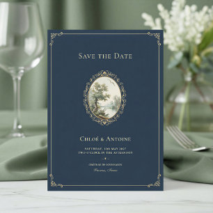 French Pastoral Navy Blue & Gold Wedding Save The Date