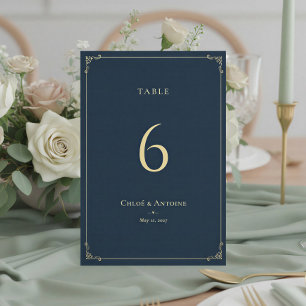 French Pastoral Navy Blue & Gold Wedding Table Number
