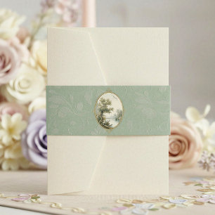 French Pastoral Sage Green Wedding Invitation Belly Band