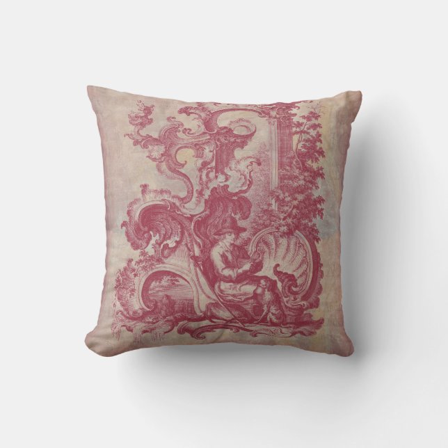 French Patina Vintage Red Toile Pompei Colours Cushion (Front)