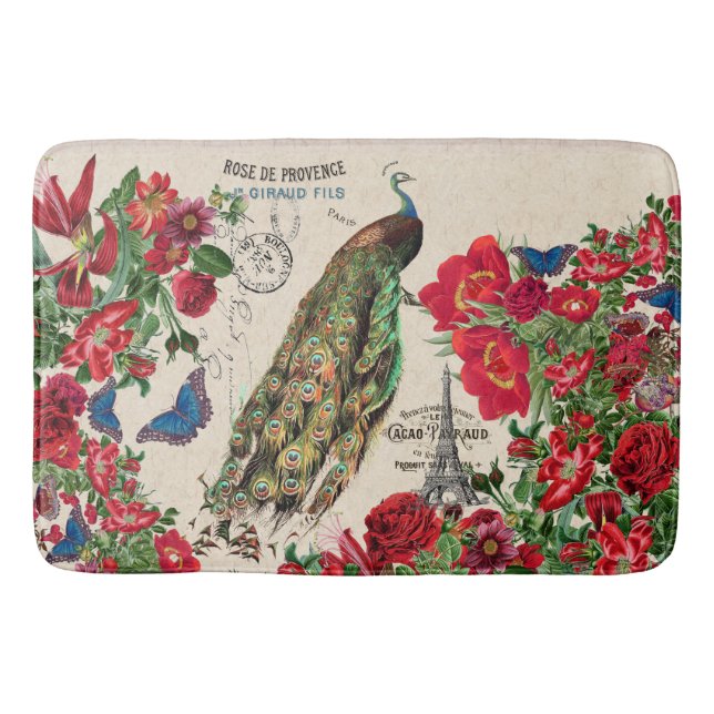 French Peacock Bird Rose Flower Paris Bath Mat (Front)