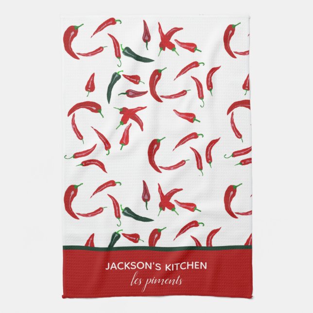 French Personalised Watercolor Red & Green Chilli Tea Towel (Vertical)
