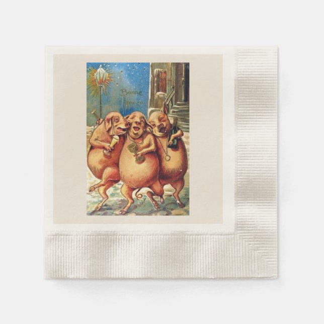 French Pigs Celebrate the New Year Vintage Napkin (Front)