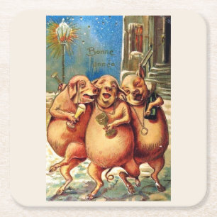 French Pigs Celebrate the New Year Vintage Square Paper Coaster