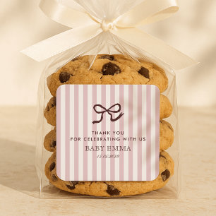 French Pink Bow & Stripes Baby Shower Square Sticker