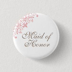 French Pink Fleur de Lis Script Maid of Honour 3 Cm Round Badge