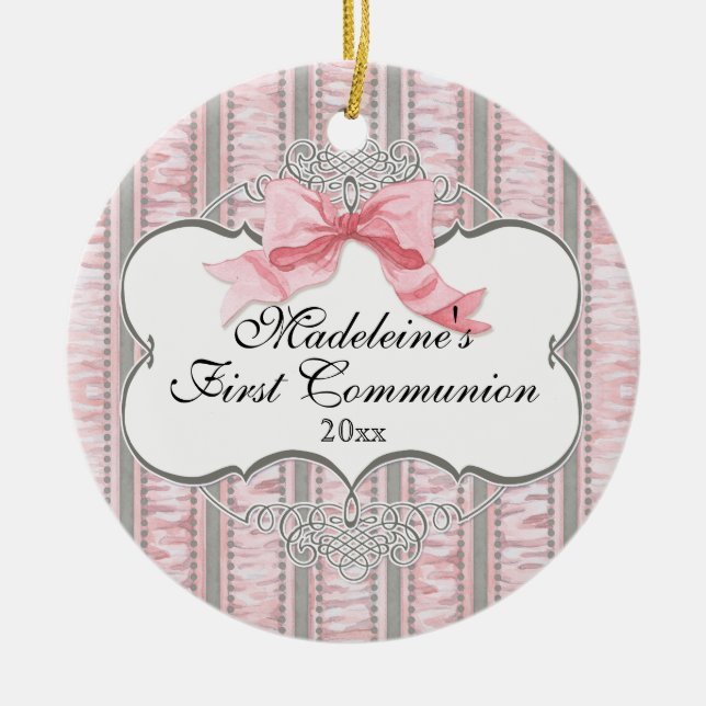 French Pink Ribbon Bow First Communion Ornament (Front)