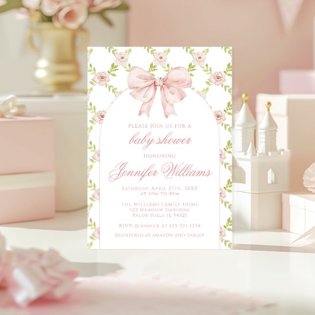 French Pink Roses Bow Spring Baby Girl Shower Invitation (Creator Uploaded)