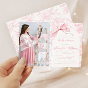 French Pink Toile Bow Baby Girl Shower Photo Invitation