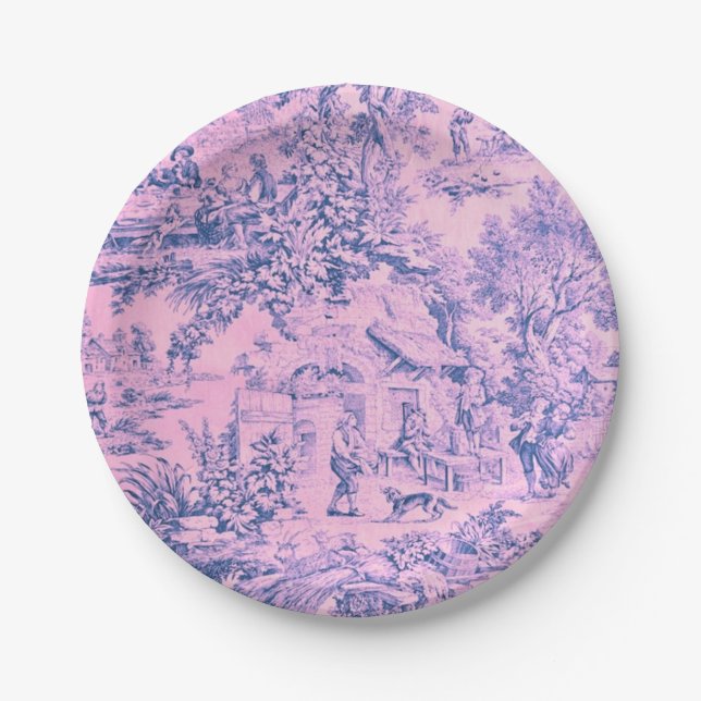French Pink Toile Chinoiserie Rustic Rococo Style Paper Plate (Front)