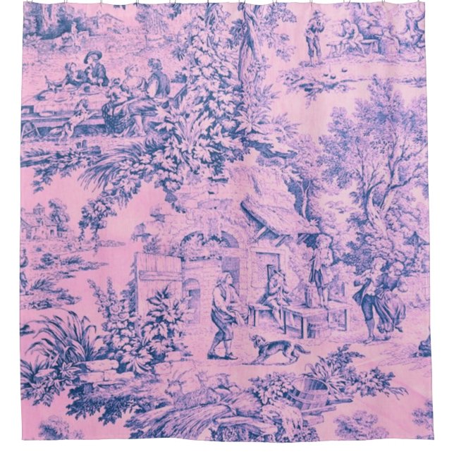 French Pink Toile Chinoiserie Rustic Rococo Style Shower Curtain (Front)