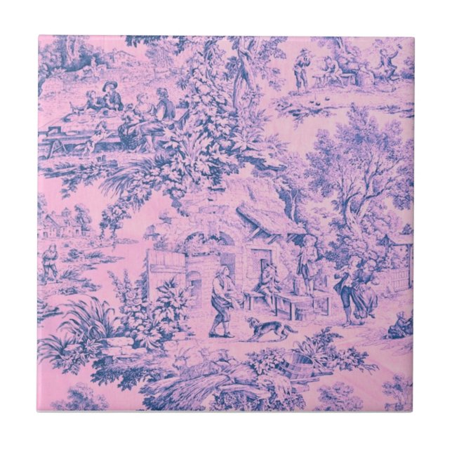 French Pink Toile Chinoiserie Rustic Rococo Style Tile (Front)