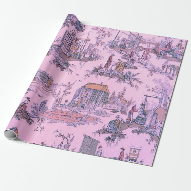 French Pink Toile de Jouy Chinoiserie Decoupage Wrapping Paper (Unrolled)
