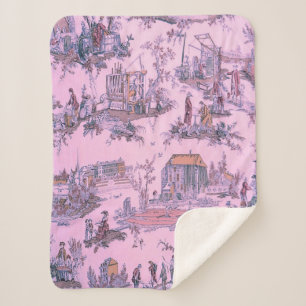 French Pink Toile de Jouy Chinoiserie Style Rustic Sherpa Blanket