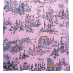 French Pink Toile de Jouy Chinoiserie Style Rustic Shower Curtain