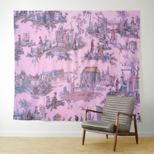 French Pink Toile de Jouy Chinoiserie Style Rustic Tapestry