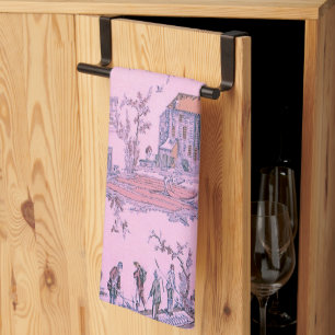 French Pink Toile de Jouy Chinoiserie Style Rustic Tea Towel