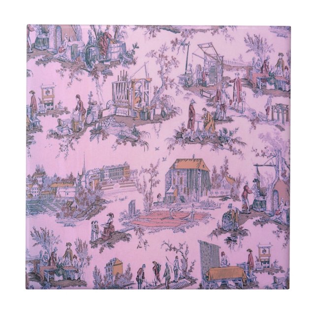 French Pink Toile de Jouy Chinoiserie Style Rustic Tile (Front)