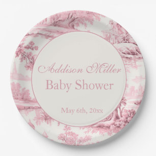 French Pink Toile Floral Bow Baby Girl Shower Paper Plate