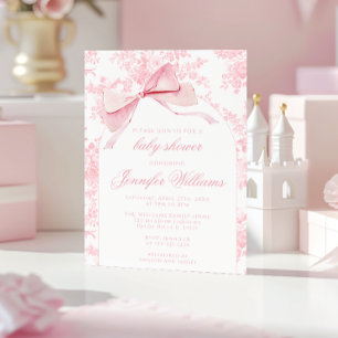 French Pink Toile Floral Bow Boho Baby Girl Shower Invitation