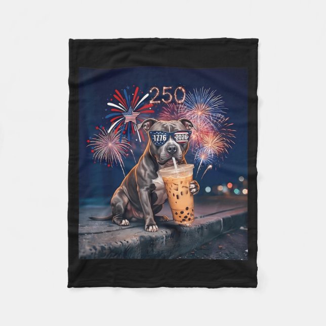 French Pitbull Drinking Iced Coffee Flag Dog 4th Fleece Blanket (Front)