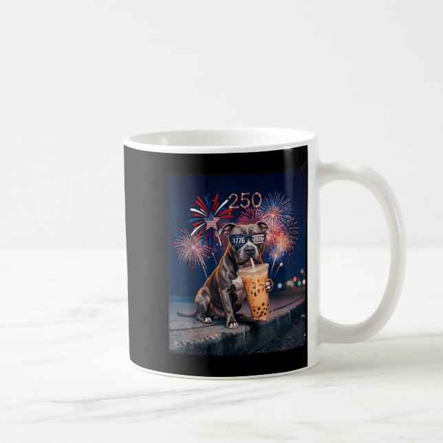 French Pitbull Drinking Iced Coffee Flag Dog 4th Mug (Right)