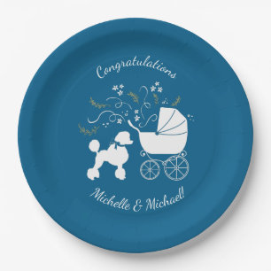 French Poodle Baby Shower Dog Puppy Blue Boy Paper Plate