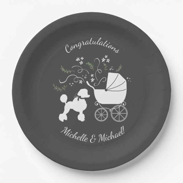 French Poodle Dog Baby Shower Puppy Grey Paper Plate (Front)