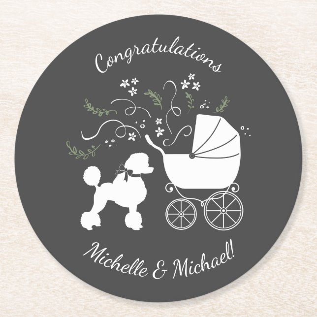 French Poodle Dog Baby Shower Puppy Grey Round Paper Coaster (Front)