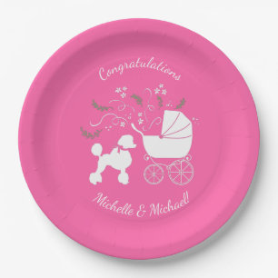 French Poodle Dog Baby Shower Puppy Pink Girl Paper Plate